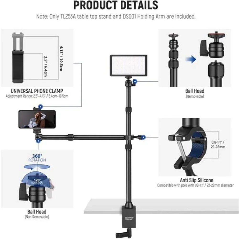Tabletop Overhead Camera Mount Stand with 2 Section Telescopic Extension Arm